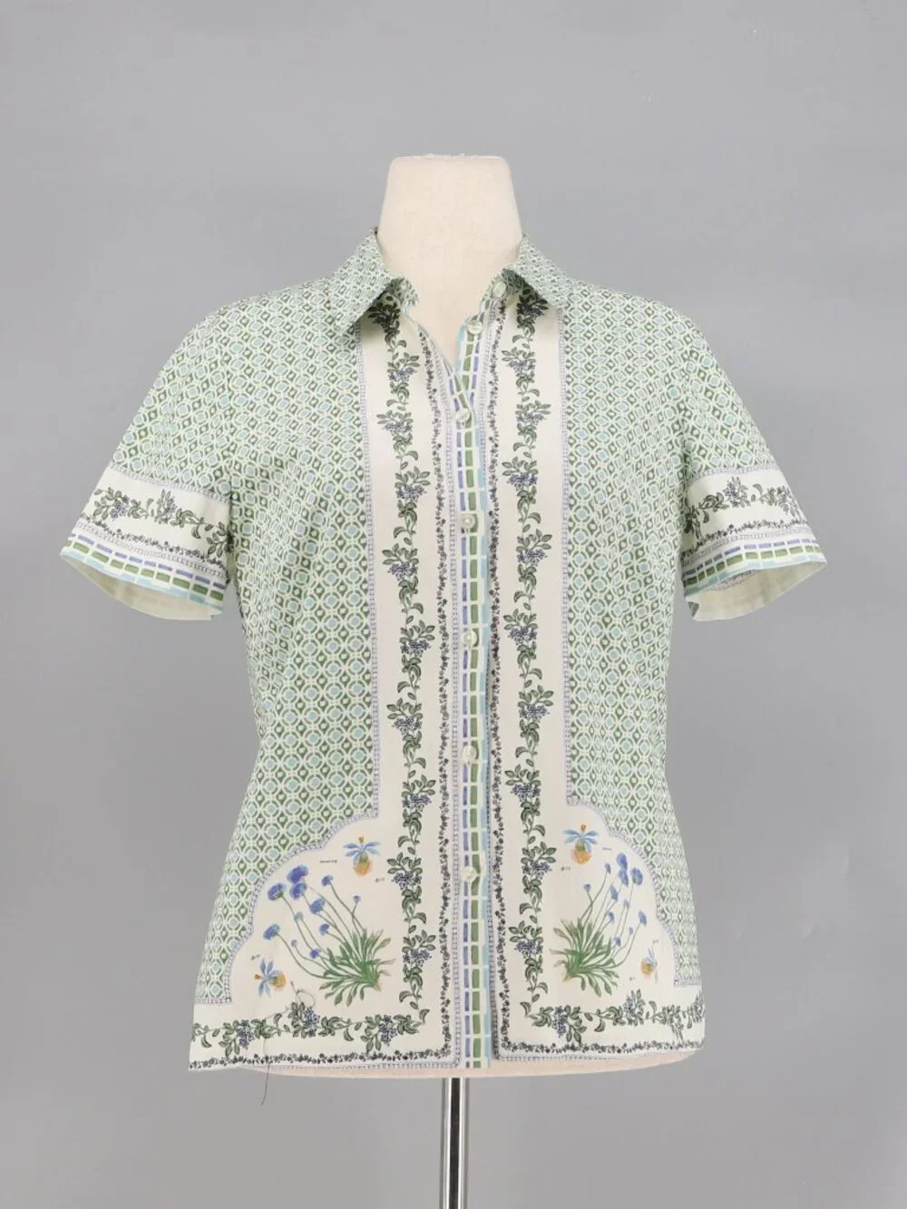 TORY BURCH Talia Botanical Printed Stretch Cotton Short Sleeve Shirt Size 12